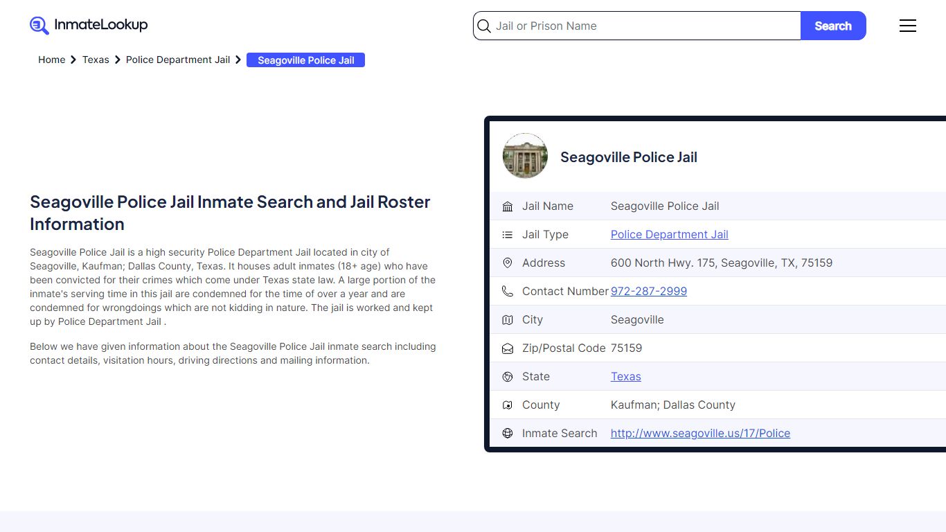 Seagoville Police Jail Inmate Search and Jail Roster Information