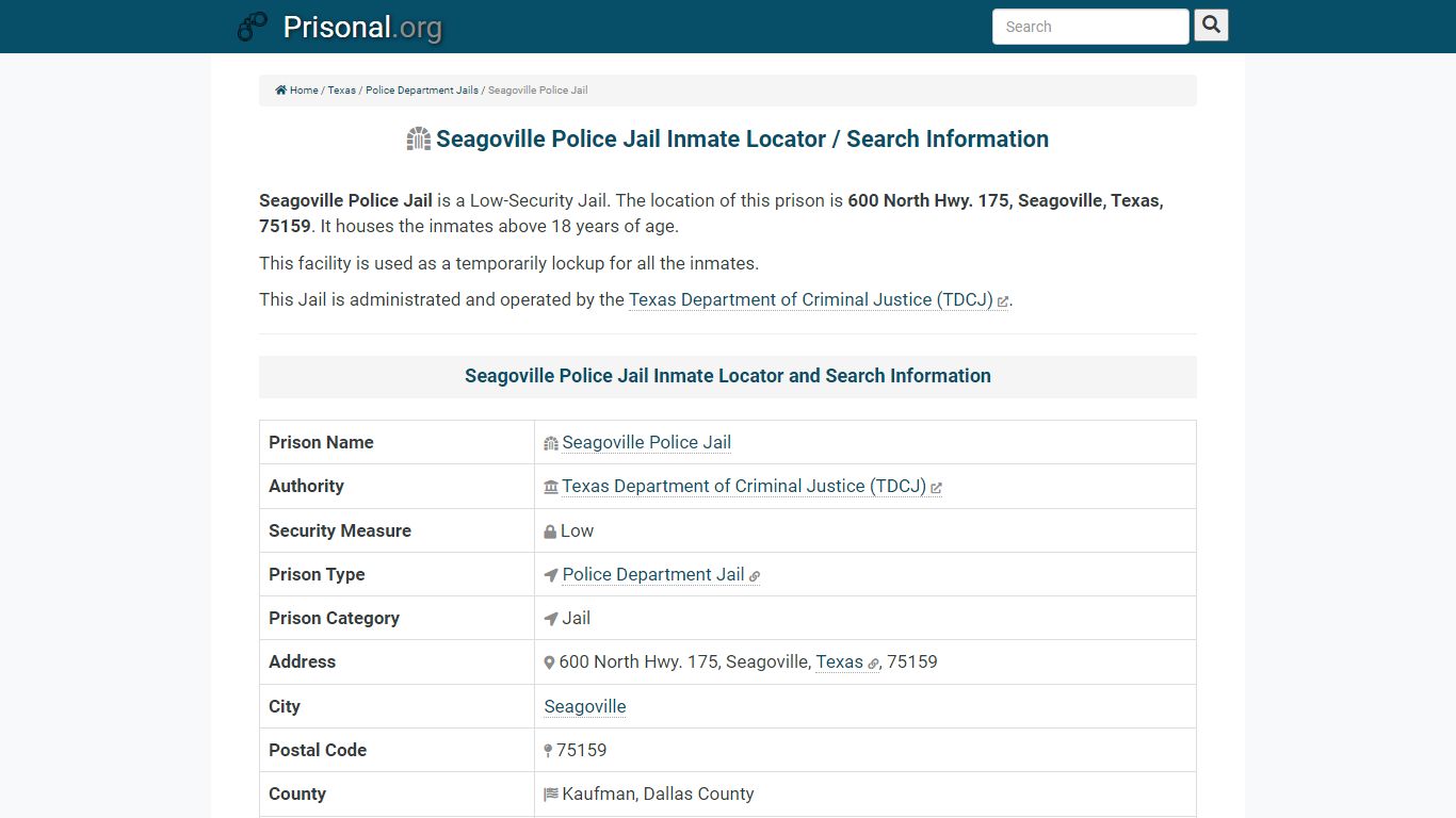 Seagoville Police Jail Inmate Locator / Search Information