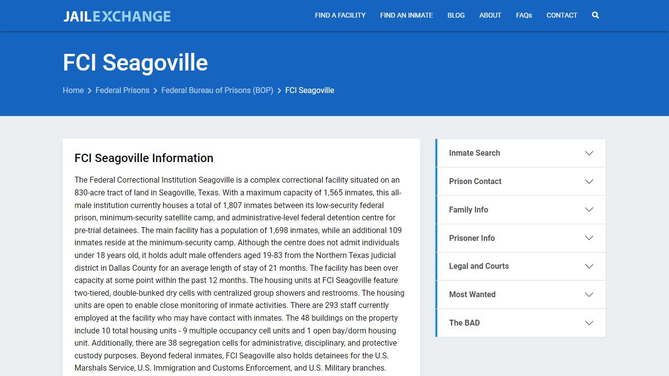 Federal Inmate Search - FCI Seagoville - Jail Exchange
